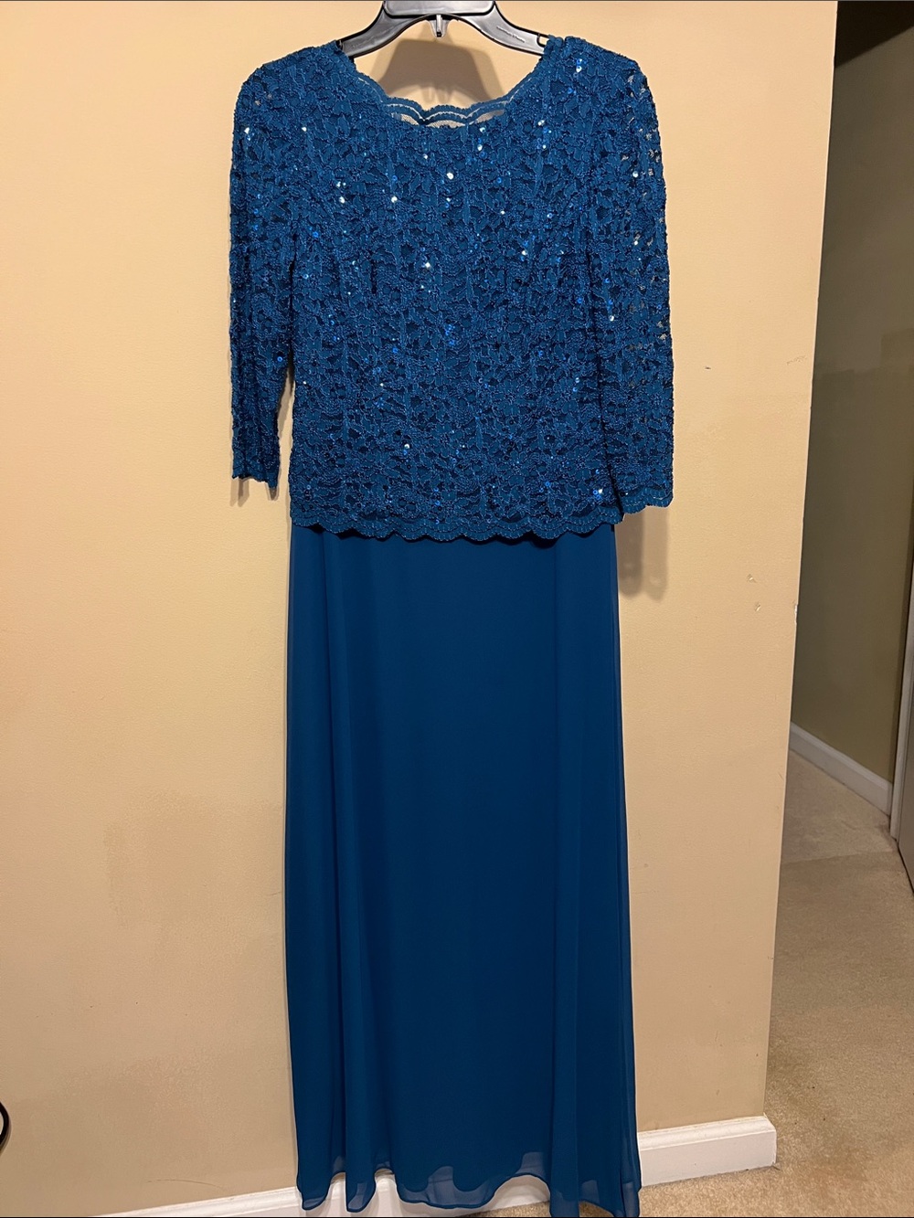 Alex Evenings Royal Blue Beaded Lace Maxi Dress with Chiffon Skirt